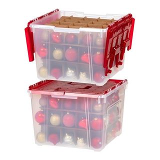 Two clear plastic storage bins with dividers to hold individual baubles. Red plastic folding hinge lids