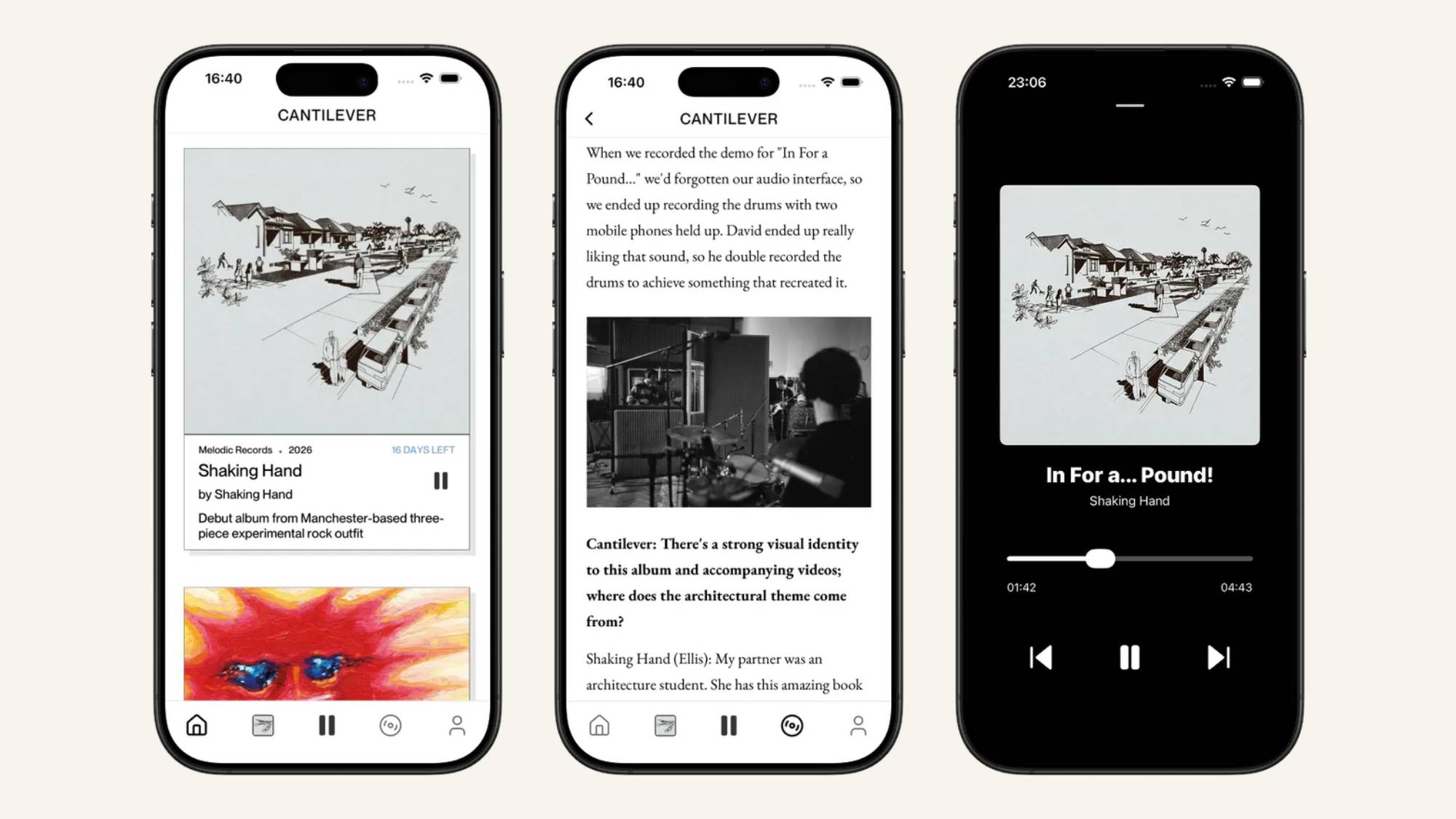 Three smartphones showing different tabs in the Cantilever app