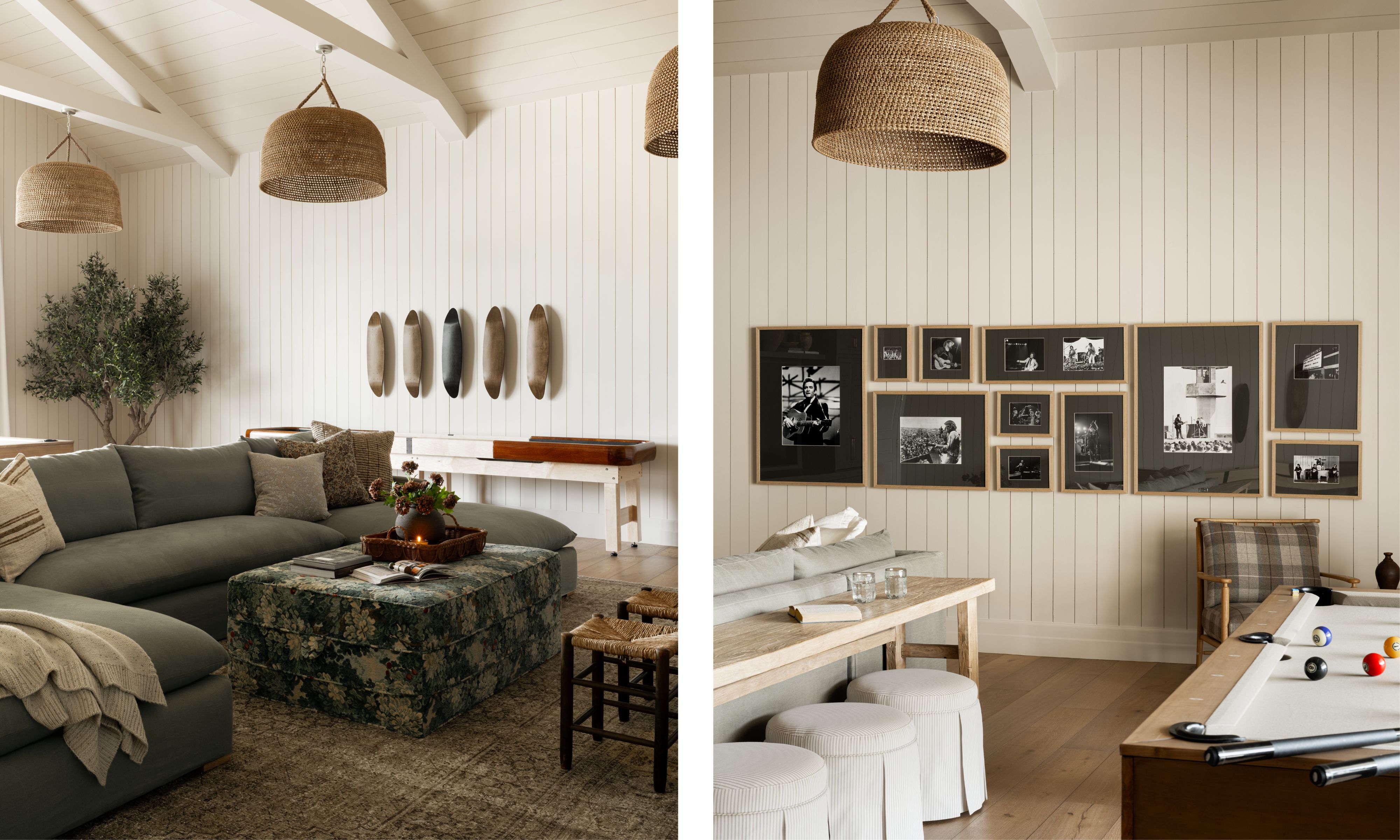 two images of a tongue and groove panelled games room with neutral walls, surf decor, rattan pendants, sectional and tapestry print ottoman with games tables