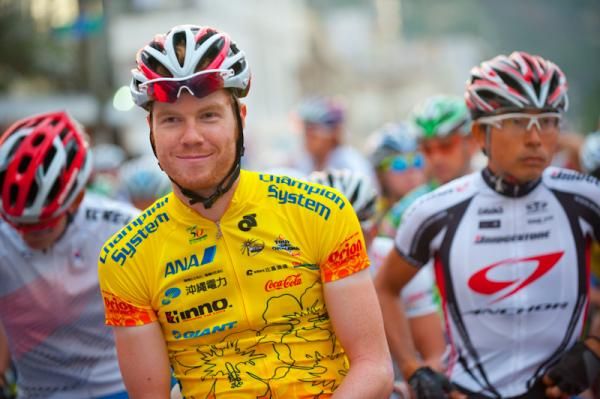 Thomas Palmer (Drapac) in the yellow jersey.