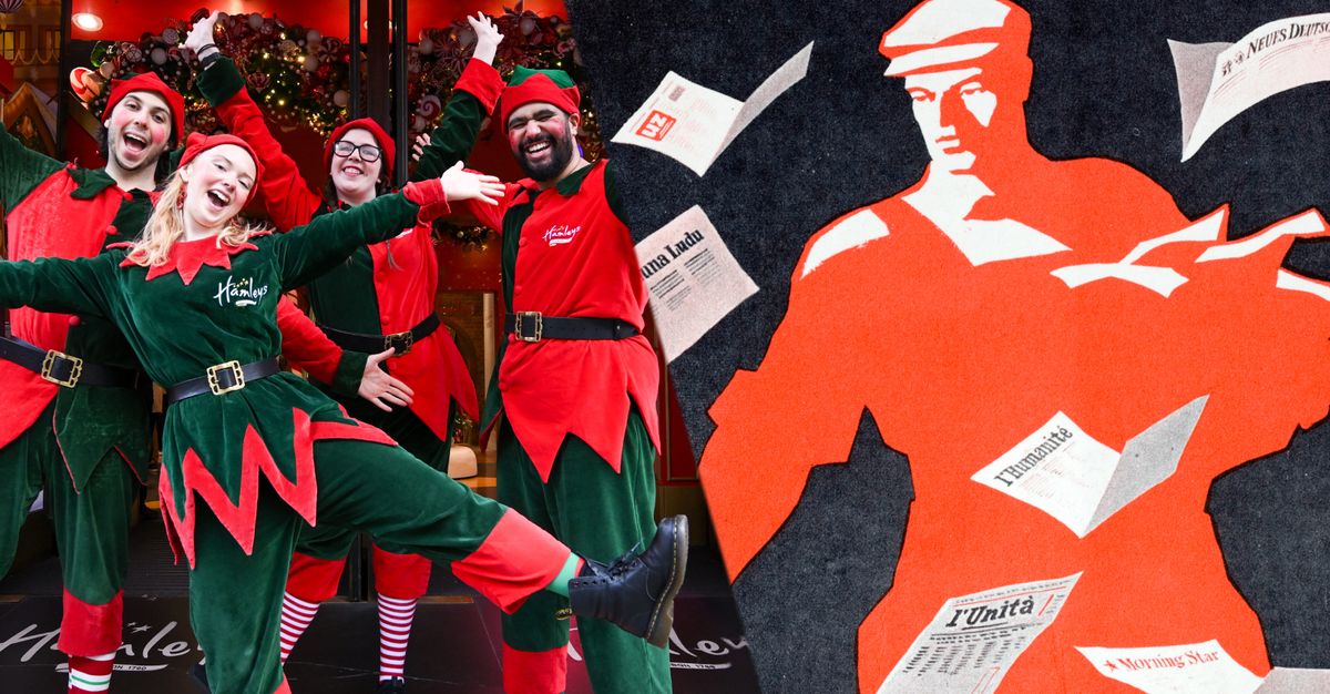 Elves are seen outside Hamleys as London celebrates the 2025 Christmas season in London; A Russian Communist poster showing a giant worker distributing the Communist newspapers of many countries.