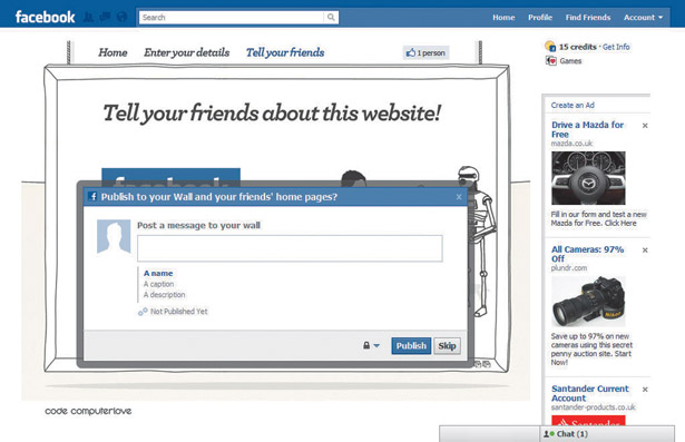 The 'Publish to stream' dialog enables users to provide a custom message to be posted on their wall. Site owners can add their own promotional message