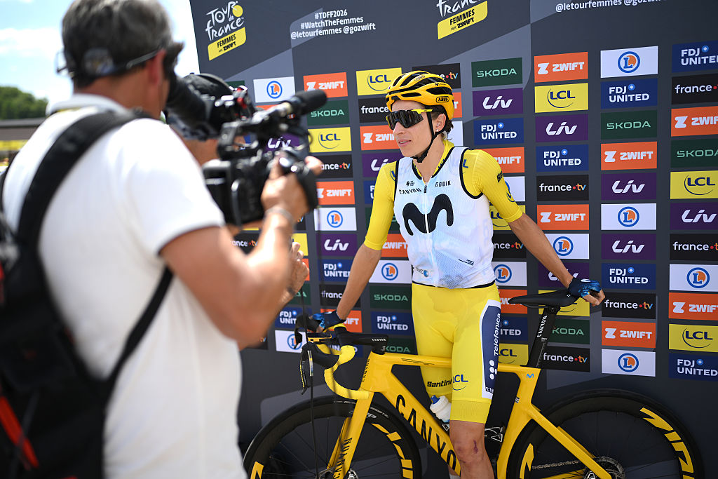 MACON, FRANCE - AUGUST 05: Marlen Reusser of Switzerland and Team Movistar - Yellow Leader Jersey meets the media press at start prior to the 5th Tour de France Femmes 2026, Stage 5 a 140km stage from Macon to Belleville-en-Beaujolais / #UCIWWT / on August 05, 2026 in Macon, France. (Photo by Alex Broadway/Getty Images)
