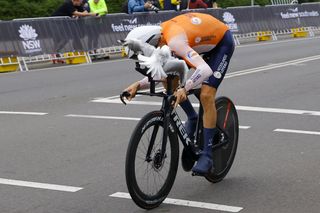 Bauke Mollema (Netherlands) collides with a seagull during the 2022 UCI Road World Championships