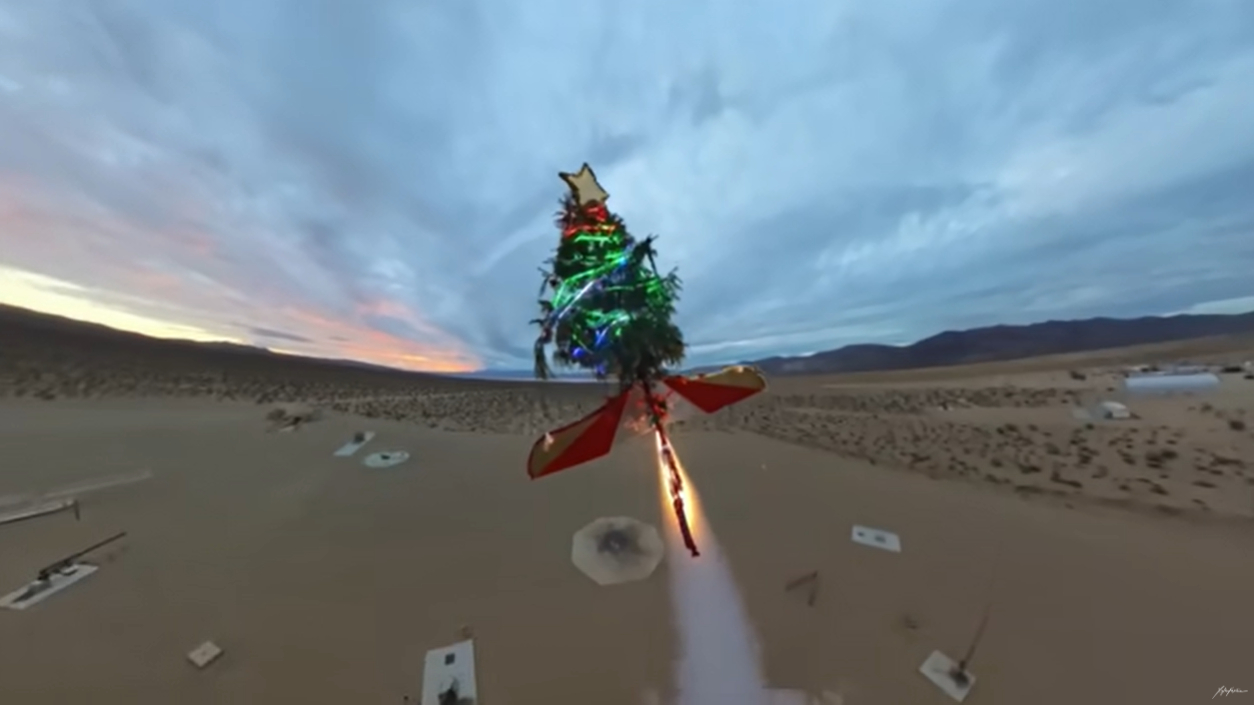 A Christmas tree launching over California's desert in Xyla Foxlin's YouTube video