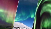 3 panel image showing northern lights appearing very different. On the left they are curtains of green and pink, in the middle it is a ribbon of green and on the right it is appearing overhead as a vibrant green corona.