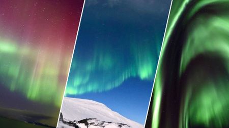 3 panel image showing northern lights appearing very different. On the left they are curtains of green and pink, in the middle it is a ribbon of green and on the right it is appearing overhead as a vibrant green corona.