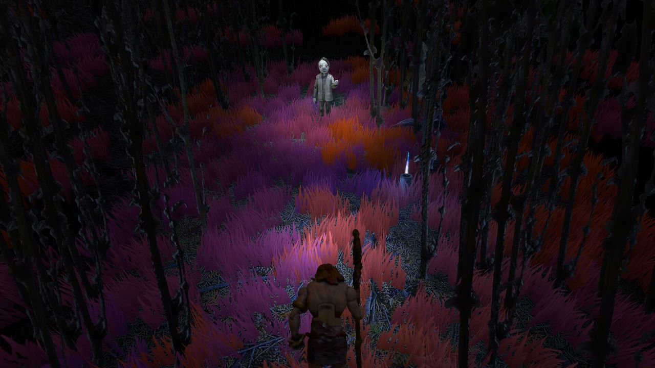 approaching a boy in a dark forest