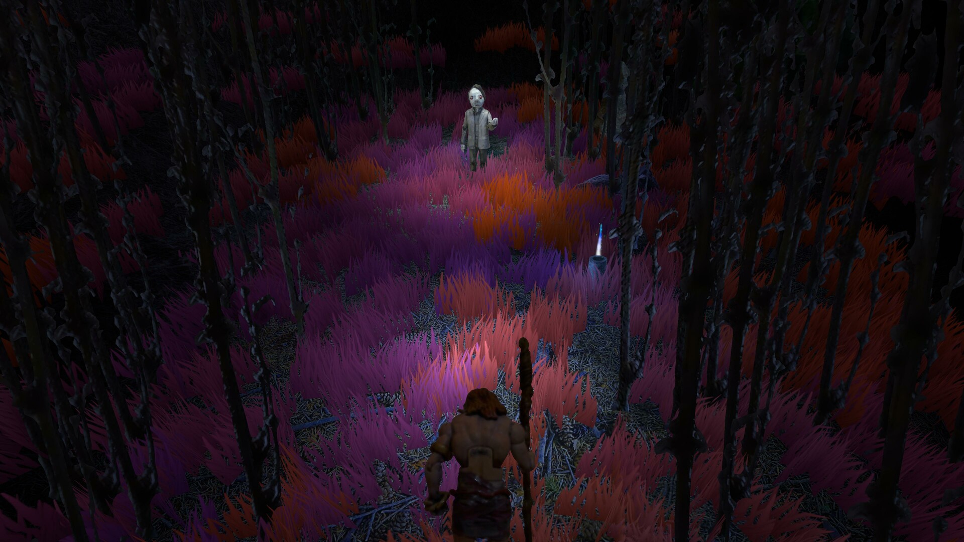 approaching a boy in a dark forest