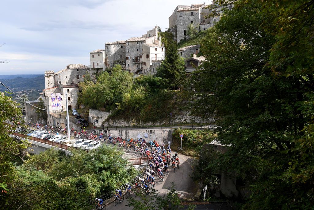 ROCCARASO ITALY OCTOBER 11 Pretoro Village Landscape Peloton during the 103rd Giro dItalia 2020 Stage 9 a 207km stage from San Salvo to Roccaraso Aremogna 1658m girodiitalia Giro on October 11 2020 in Roccaraso Italy Photo by Tim de WaeleGetty Images