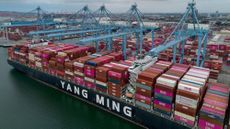A shipment container arrives in Long Beach, California