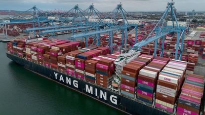 A shipment container arrives in Long Beach, California