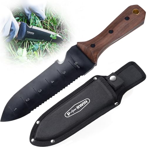 Perwin Hori Hori Garden Knife, Garden Tools With Sheath for Weeding, Planting, Digging, 7" Stainless Steel Blade With Cutting Edge, Full-Tang Wood Handle With Hanging Hole