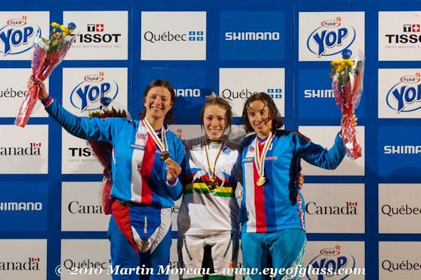 Four cross elite women's podium: Jana Horakova (Czech Republic), Caroline Buchanan (Australia), Romana Labounkova (Czech Republic)