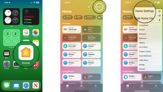 How to manage HomeKit camera permissions in the Home app on the iPhone by showing steps: Launch the Home app, Tap the Ellipsis icon, Tap Home Settings.