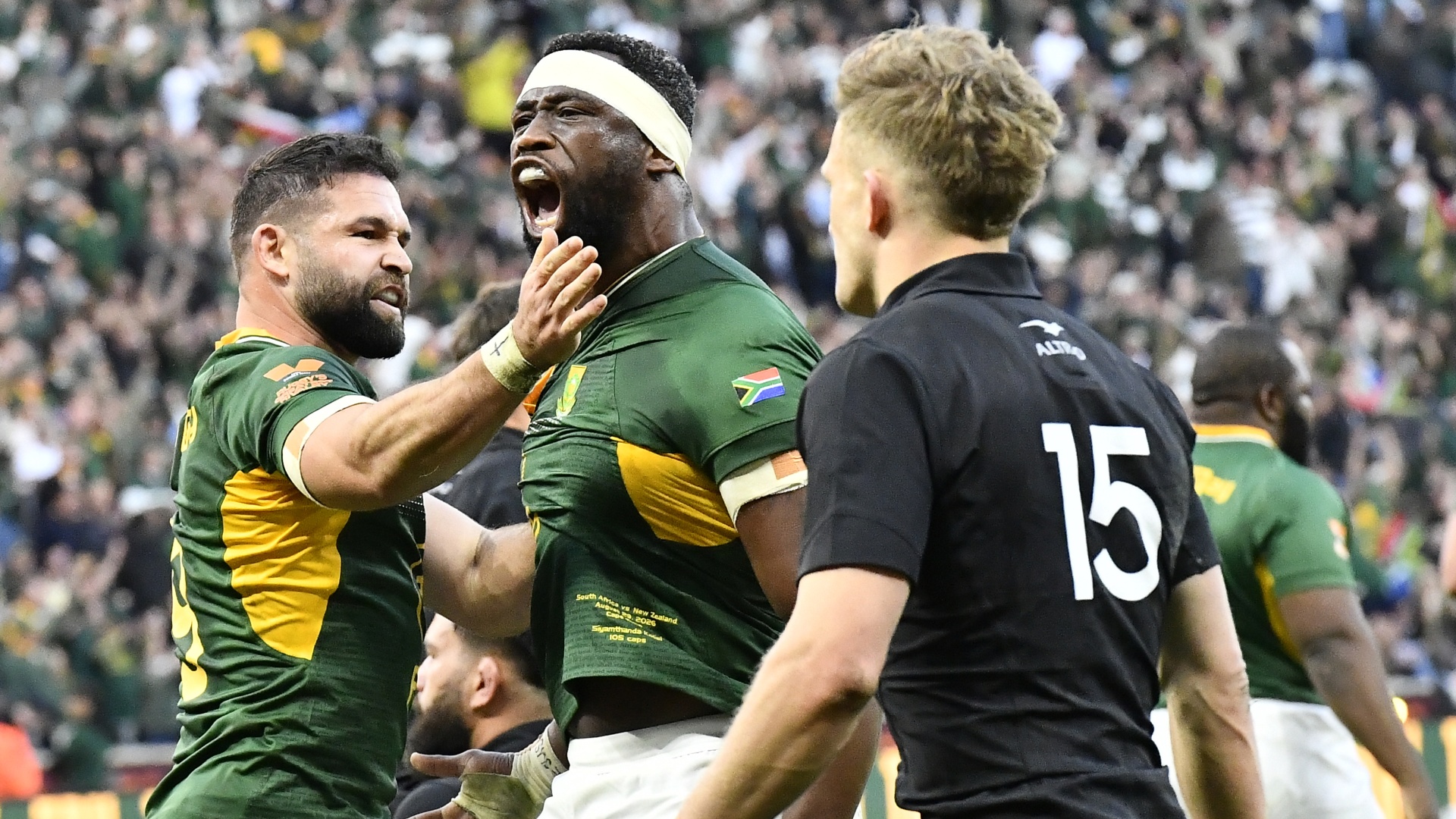 The Springboks' Siya Kolisi celebrates scoring a try against the All Blacks during the 2026 Rugby's Greatest Rivalry tour
