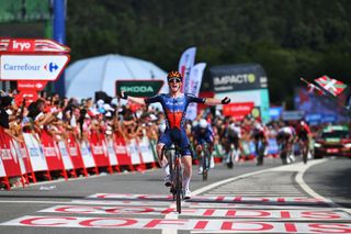 PADRON SPAIN AUGUST 28 Eddie Dunbar of Ireland and Team Jayco AlUla celebrates at finish line as stage winner during the La Vuelta 79th Tour of Spain 2024 Day 11 a 1665km stage from Padron to Padron UCIWT on August 28 2024 in Padron Spain Photo by Tim de WaeleGetty Images