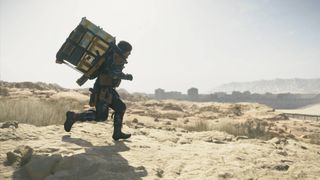 Death Stranding 2 Sam running through the desert near a derelict city