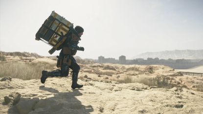 Death Stranding 2 Sam running through the desert near a derelict city