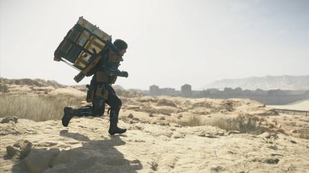 Death Stranding 2 Sam running through the desert near a derelict city