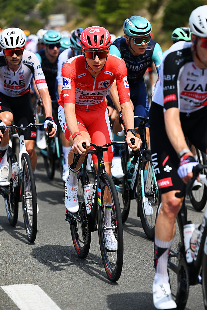 FONT-ROMEU, FRANCE - AUGUST 24: Tadej Pogacar of Slovenia and UAE Team Emirates XRG - Red Leader Jersey competes during the La Vuelta - 81st Tour of Spain 2026, Stage 3 a 174km from Gruissan - Aude to Font Romeu 1941m / #UCIWT / on August 24, 2026 in Font Romeu - Aude, France. (Photo by Tim de Waele/Getty Images)