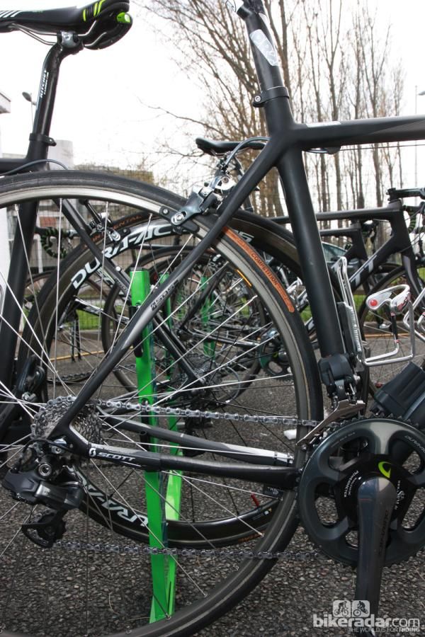 Scott strategically flattens the stays on GreenEdge's CR1 frame to help promote vertical flex when hitting cobbles.
