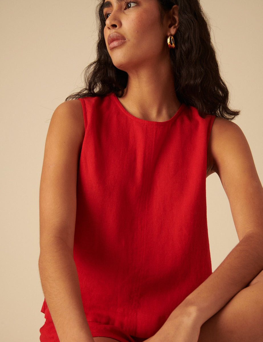 Red Linen-Blend Swing Top