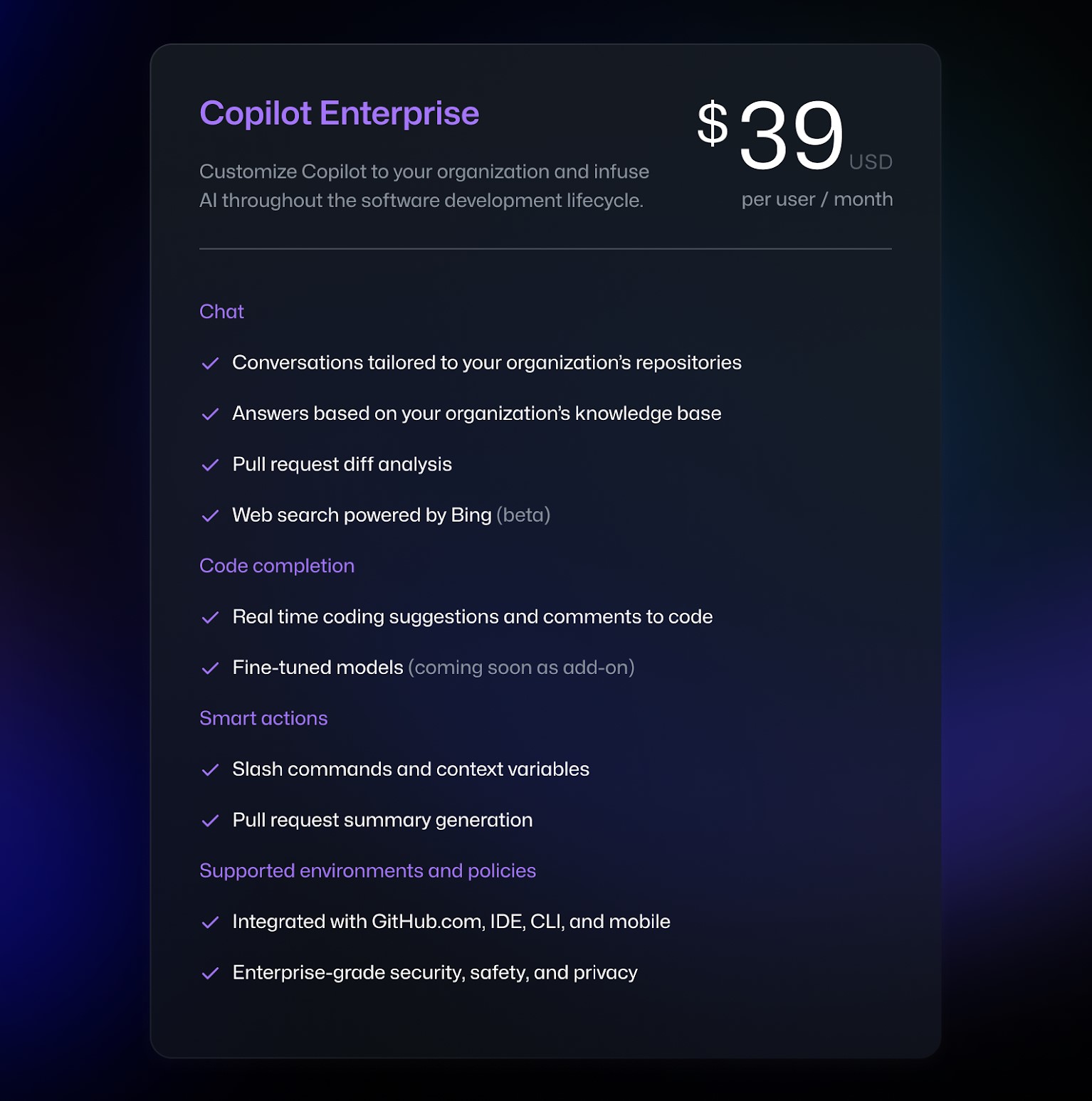 GitHub Copilot Enterprise pricing and features.
