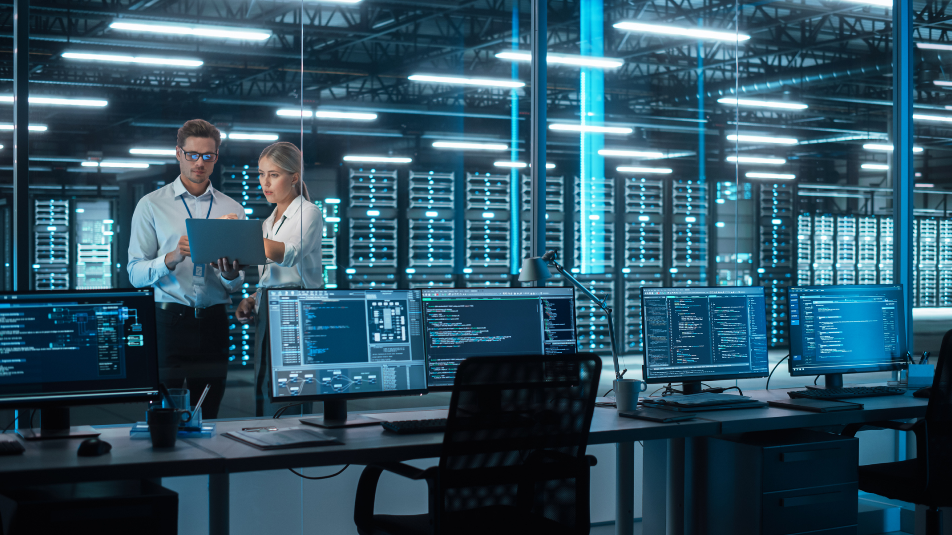People inside an office in a data center