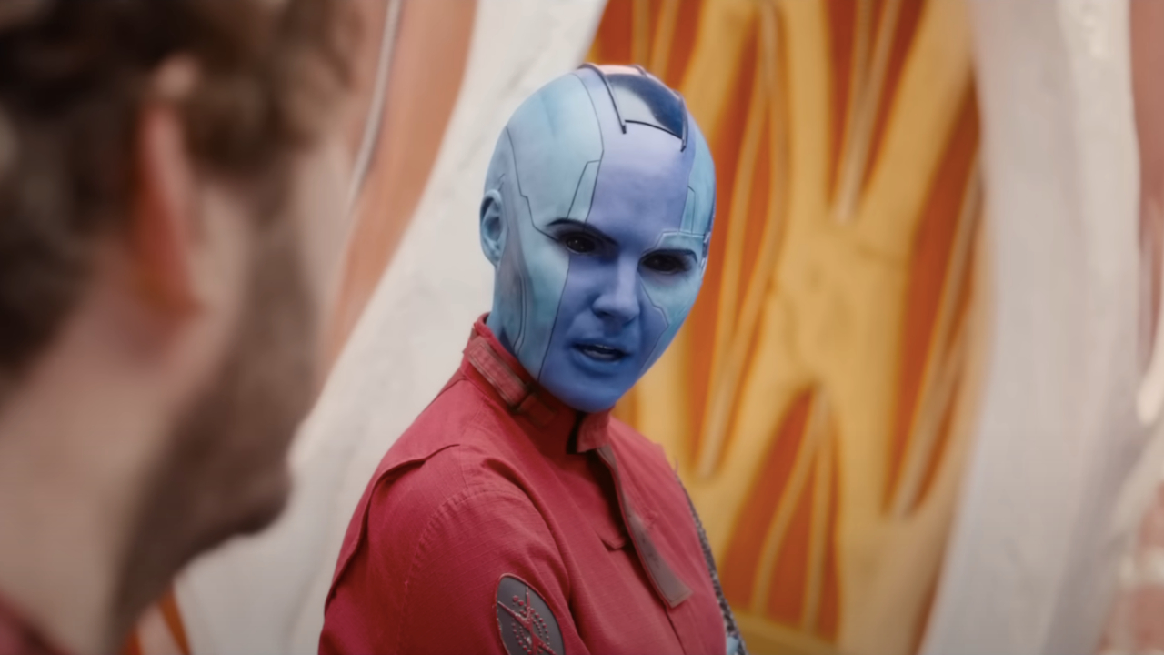 Karen Gillan looks outraged while talking to Chris Pratt in Guardians of the Galaxy Vol.  3.