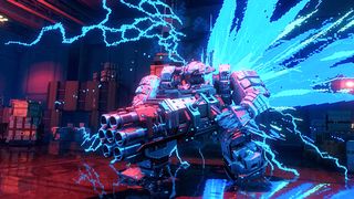 A powerful robot wielding a massive gun unleashes electric energy amidst a warehouse setting. Bright blue bolts and sparks create an intense, dynamic scene.