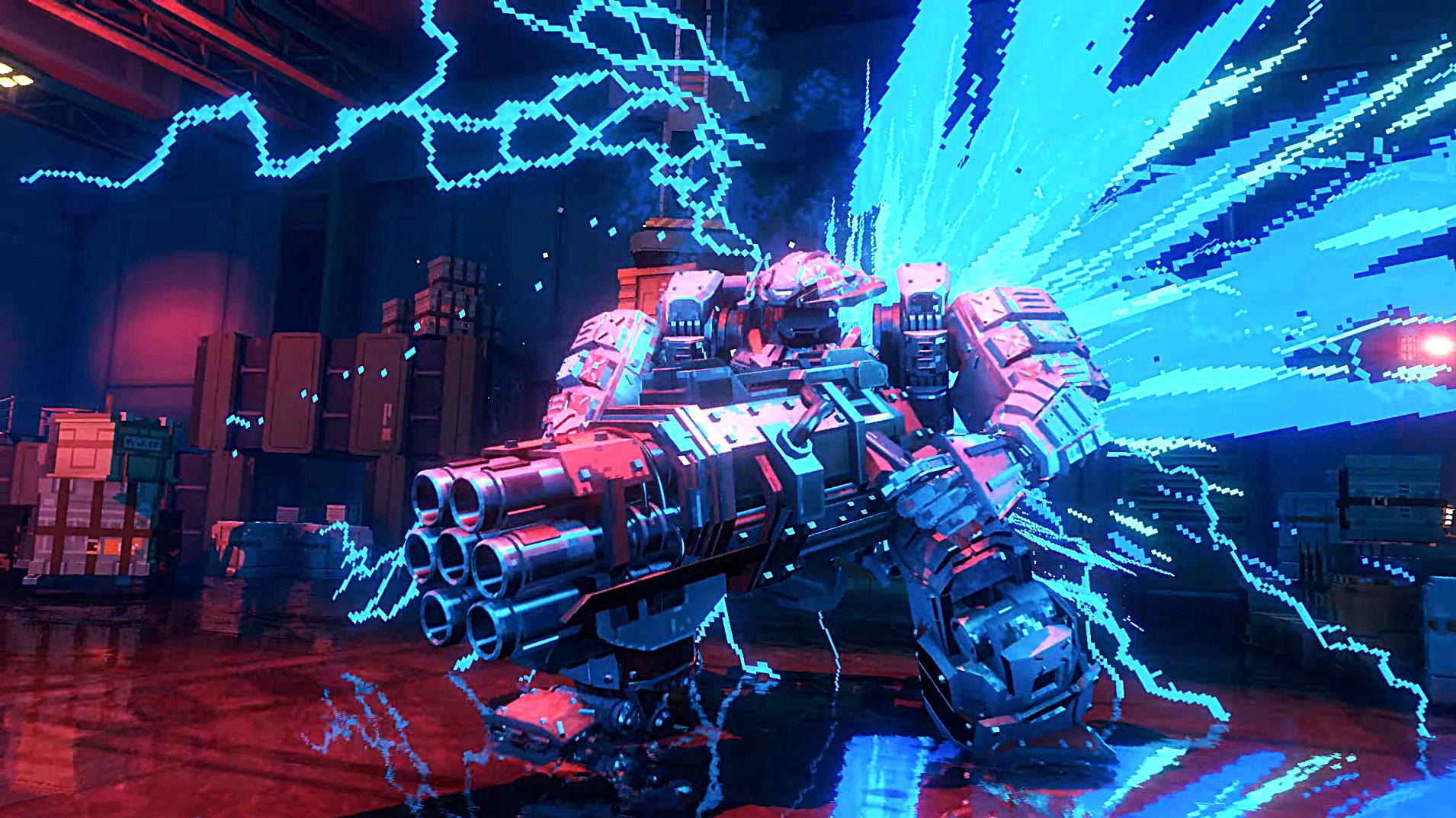 A powerful robot wielding a massive gun unleashes electric energy amidst a warehouse setting. Bright blue bolts and sparks create an intense, dynamic scene.