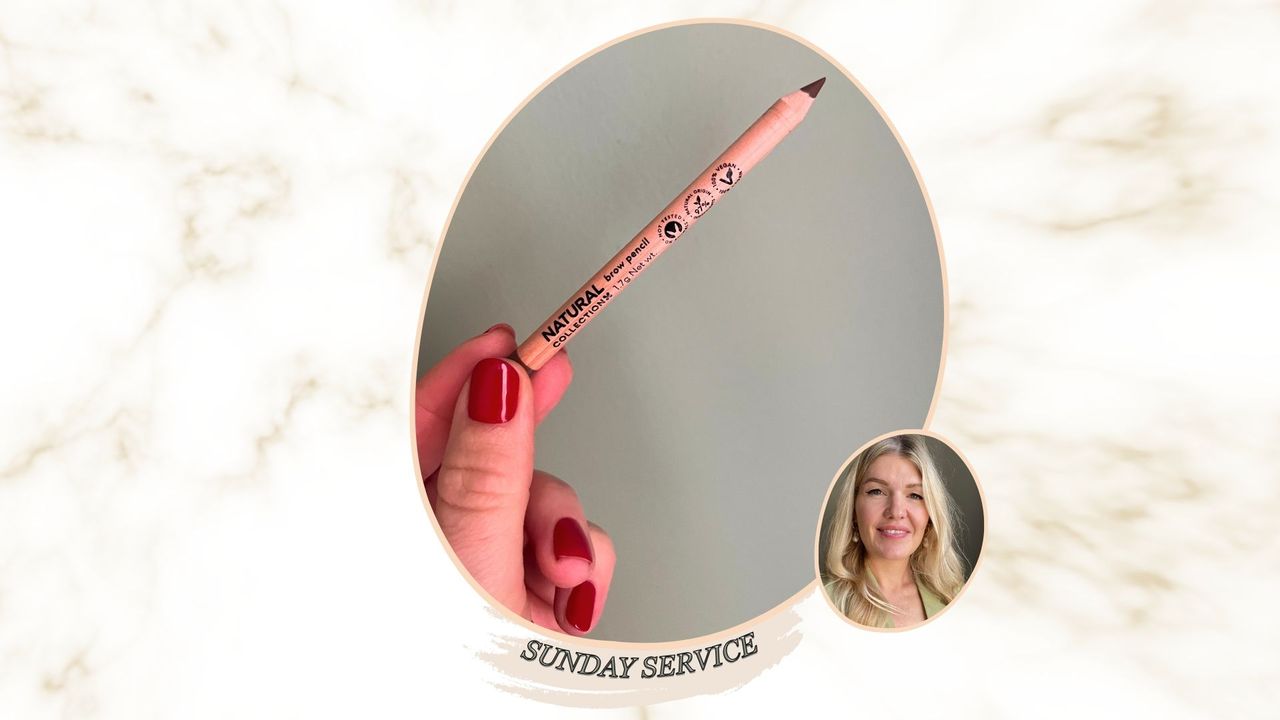 a marble backdrop containing an image of a hand with red fingernails holding up a natural collection eyebrow pencil on a green backdrop, plus an image of beauty editor Fiona McKim smiling with blonde hair and a green blazer