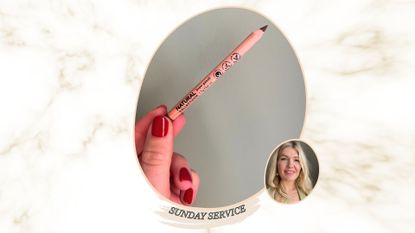 a marble backdrop containing an image of a hand with red fingernails holding up a natural collection eyebrow pencil on a green backdrop, plus an image of beauty editor Fiona McKim smiling with blonde hair and a green blazer