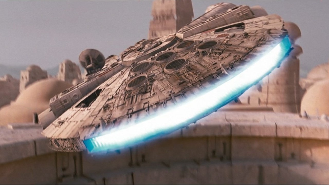 Millennium Falcon flying away from Mos Eisley in Star Wars: A New Hope