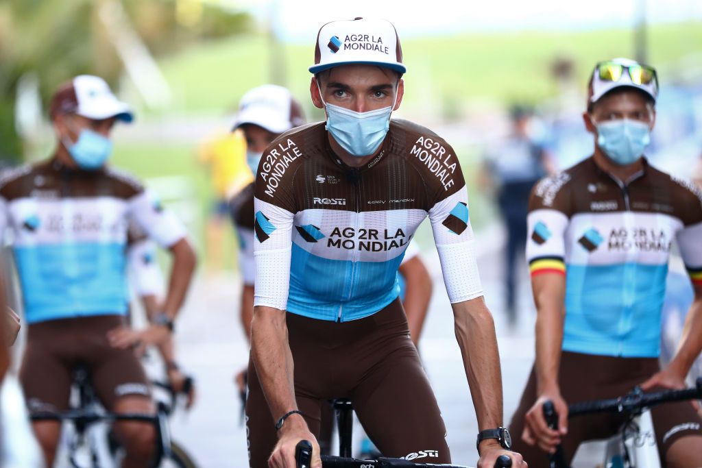 NICE FRANCE AUGUST 27 Romain Bardet of France and Team Ag2R La Mondiale Mask Covid safety measures during the 107th Tour de France 2020 Team Presentation in Place Massena on Nice TDF2020 LeTour on August 27 2020 in Nice France Photo by Michael SteeleGetty Images