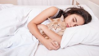 A white and orange cat lies next to a sleeping woman in bed 