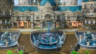 A screenshot from Dragon Quest 3 HD-2D Remake, showing an enormous, palatial building with three water fountains in front of it.