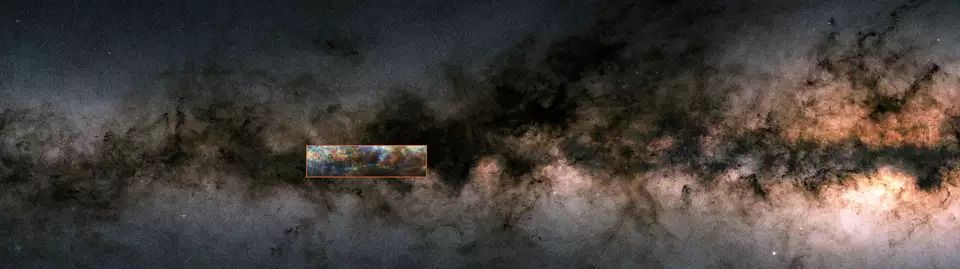 In this image of the Milky Way, in the box you can see the location of the "Maggie" filament. The different colors show different velocities of hydrogen gas.