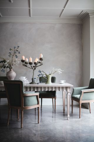 grey dining room with plastered walls and plants and foliage