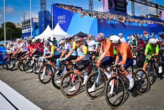 The riders line up at the start of the Paris 2024 Olympics men's road race.