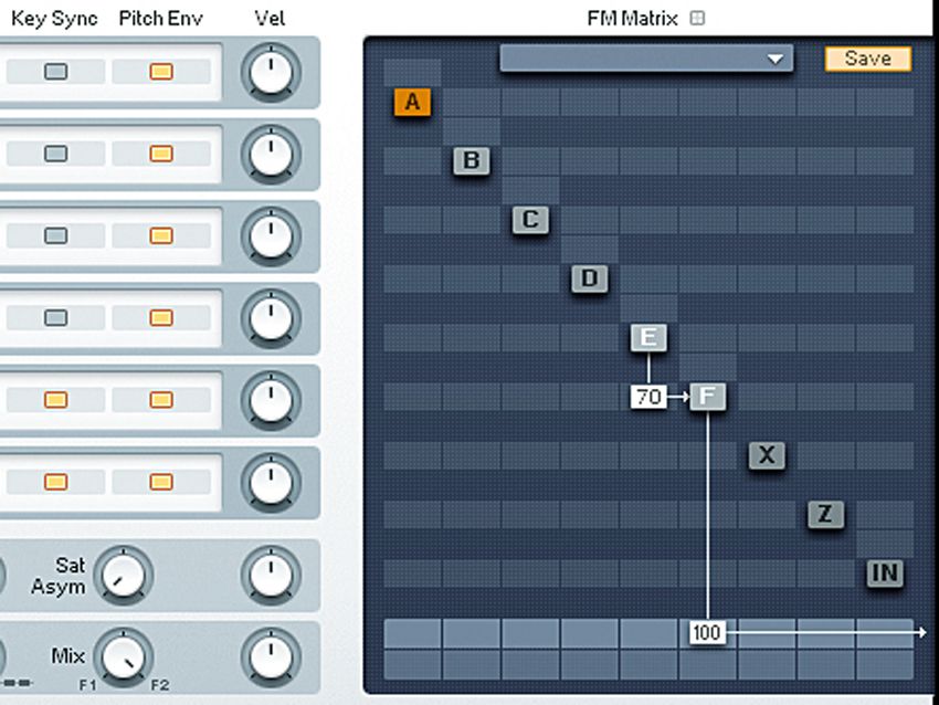 Switch to the Expert&raquo;Ops page and right-click on the E operator in the FM Matrix to activate it. Now turn on Key Sync for both operators E and F. Back in the FM Matrix, push the value in the box directly to the left of F up to 70, then raise the output level of operator F from the default value of 80 all the way up to 100. Hmmm - it clicks.