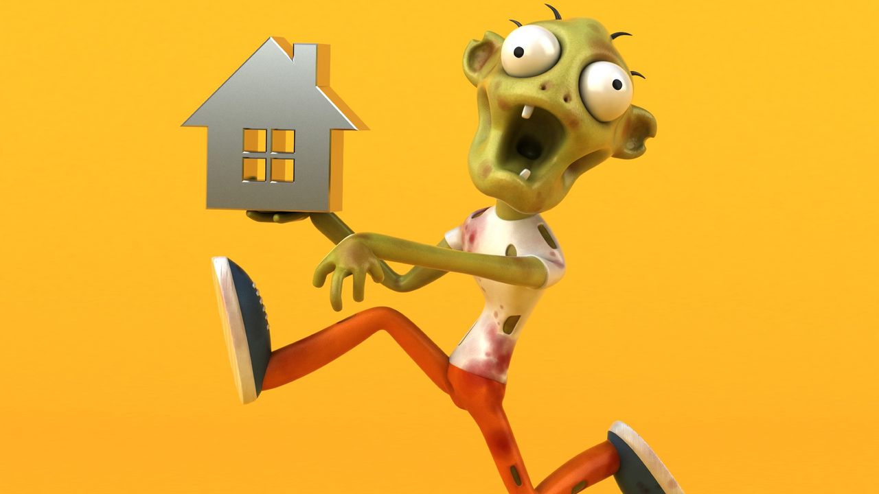 3D illustration of zombie holding a house icon