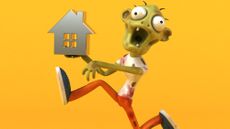 3D illustration of zombie holding a house icon