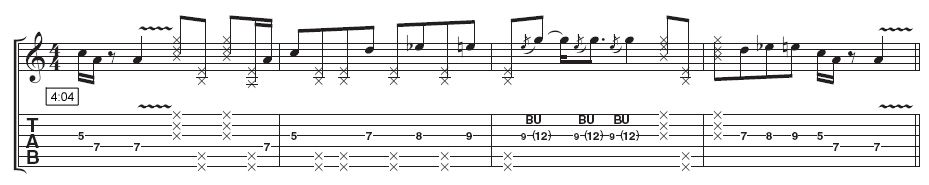 Lick 4: This solo doesn't follow a set pattern, but uses similar ideas to the other three fills. The muted notes will help you maintain your groove throughout, so concentrate on making the pick hand comfortable before targeting all the notes.