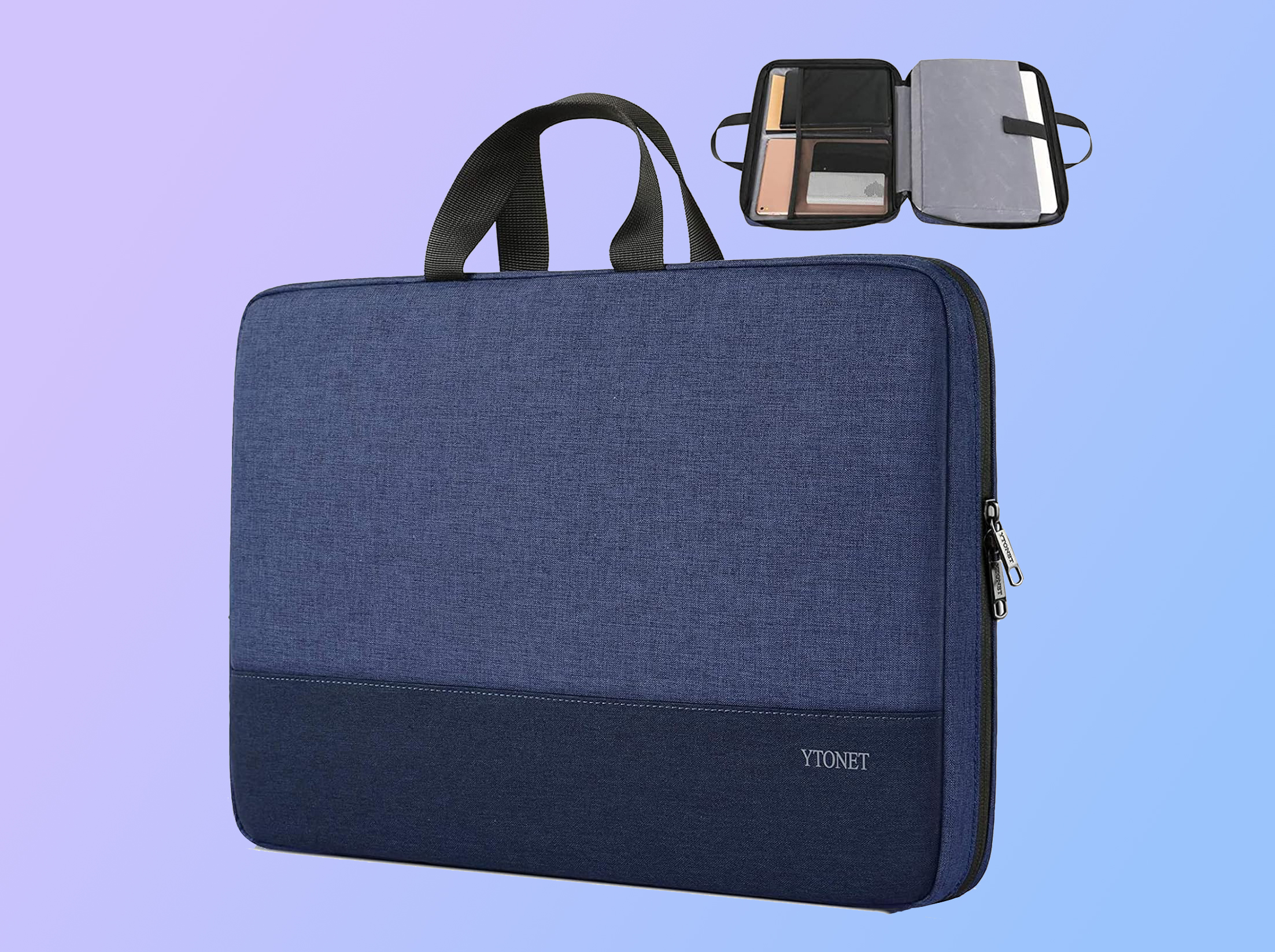 Ytonet laptop sleeve over a pink and blue gradient background