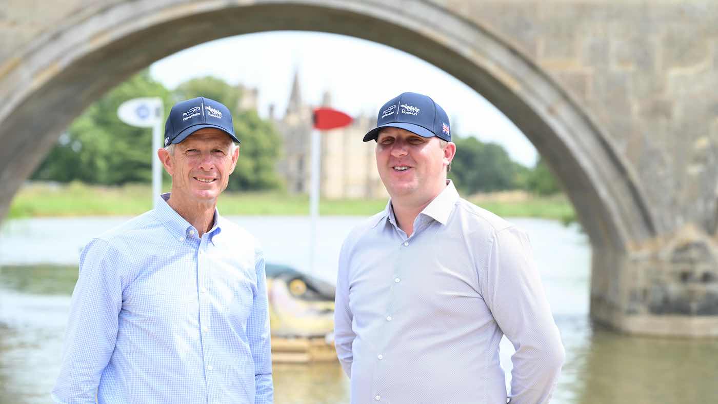 Defender Burghley Horse Trials cross-country course-designer Derek di Grazia and event director Martyn Johnson.