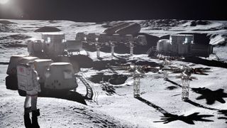 Artist's illustration of a moon base powered by Rolls-Royce microreactors.
