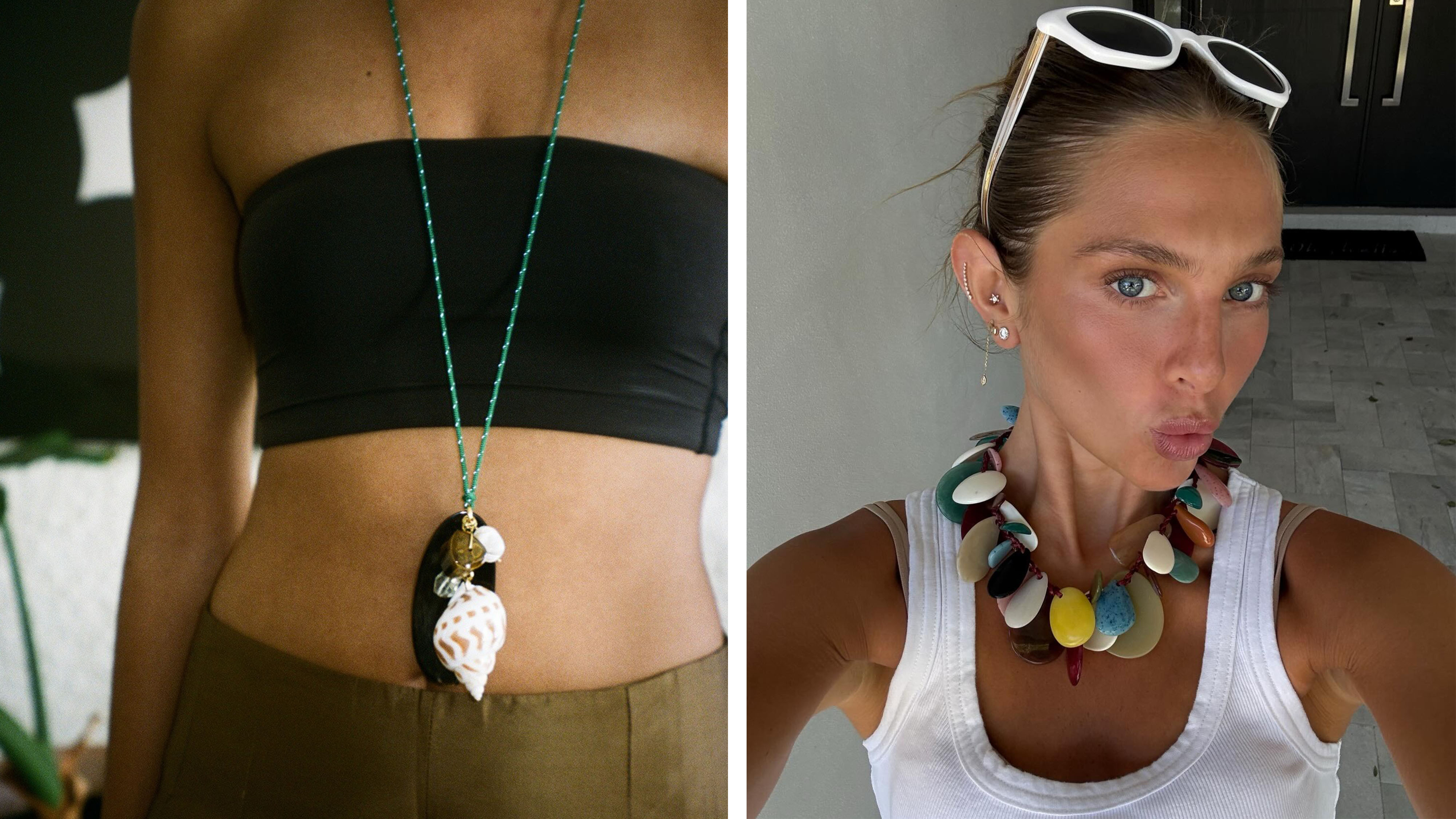 Women in white tops and statement summer necklaces