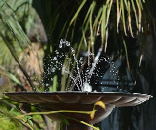 Solar water fountain in a metal bird bath